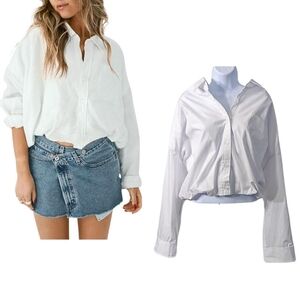 PARKE White Bubble Down Cropped Blouson Poplin Shirt